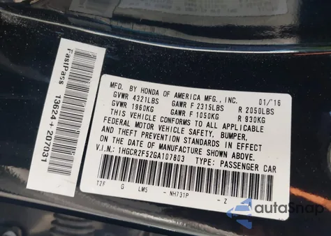 2016 Honda Accord Sport from USA, damaged, VIN 1HGCR2F52GA107803